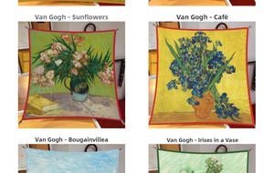 Detail view of Van Gogh oil painting silk scarves with sunflowers and floral patterns