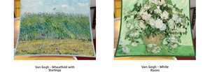 Detailed close-up showing Van Gogh oil painting prints on silk square scarves with rich texture
