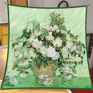90cm Van Gogh White Roses oil painting silk scarf with elegant green border