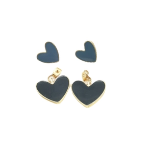 Golden heart earrings set with dark enamel inlay on a clean white background