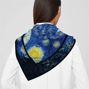 Starry Night oil painting silk scarf for women draped over a white wool coat