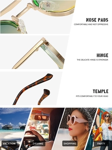 Detailed views of double bridge sunglasses with metal hinges and tortoise temples