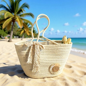 Handwoven Tote Bag Cotton Rope Large Capacity Lace Bow Flower Decoration Vacation Beach Shoulder Handbag Korean Style
