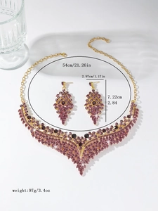 Detailed view of purple rhinestone jewelry set with necklace and earring size specifications
