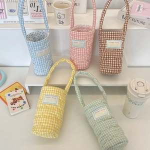 Gewatteerd Katoen Gingham Waterfles Tas Met Hart Patroon Draagbare Handtas Vrouwen Dagelijks Geïsoleerde Bekerhouder