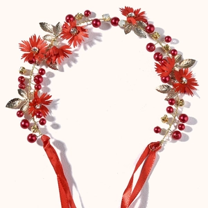 Elegant bridal floral headband with red fabric flowers, golden leaves and crystal beads