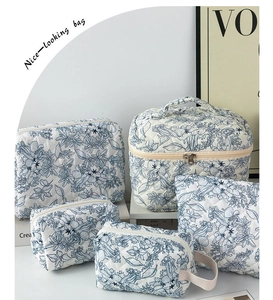 Detail of five-piece floral quilted cotton makeup bag set with metal zipper closures