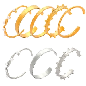Geometric gold and silver titanium steel open bracelets set with embossed patterns and pearls