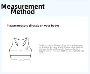 Size guide for high-elastic halter sports bra showing measurement methods for a perfect fit