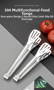Close-up of 304 stainless steel food tongs with hollow oil drainage and SUS 304 stamp