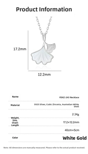Detail specifications of S925 silver ginkgo leaf necklace with white shell and zirconia
