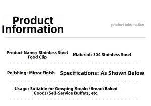 Detailed specs of 304 stainless steel food tongs with mirror polished finish details