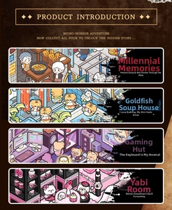 Detailed illustrations of four micro-horror adventure themed rooms for journaling stickers