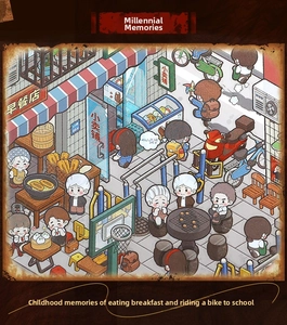 Detail of nostalgic 2000s street life stickers featuring vintage breakfast stalls