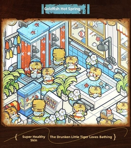 Detail of isometric cartoon tiger stickers featuring miniature spa and bathroom scenes
