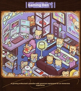Detailed cute purple gaming room illustration stickers featuring bears and e-sports setups