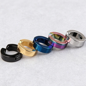 Set of five stainless steel hoop earrings in black, gold, blue, rainbow, and silver