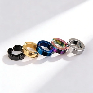Five assorted colors of polished stainless steel clip-on hoop earrings for men