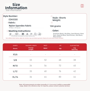 Size chart detail for high-waisted yoga shorts with fabric specs and measurements