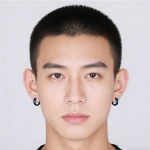 Blue plated titanium steel hoop earrings for men shown on a model with white background
