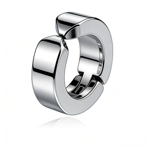 Polished silver titanium steel clip-on ear cuff with a C-shaped hinged punk design