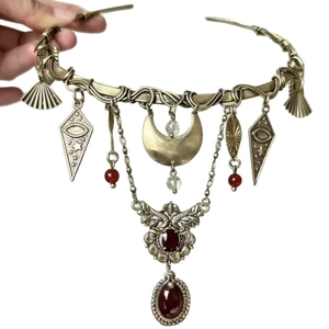 Vintage bronze bohemian headpiece with crescent moon, star charms and red gemstones
