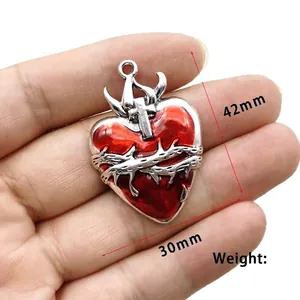 Gothic silver zinc alloy sacred heart pendant with red enamel and thorns 42mm x 30mm