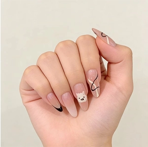 Almond Press On Nails Nude Pink Gradient French Black Line Cute Cartoon Bear Fake Nails Manicure Tips