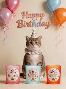Close-up of three frosted glass birthday candles with Happy Birthday labels for party decor