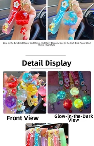 Detailed view of luminous glowing dried flower bottle keychain with a silicone honey strap