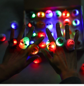 Close-up of LED Halloween rings featuring glowing pumpkin, eyeball, and ghost designs