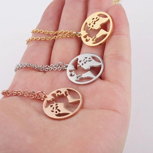 Polished stainless steel world map necklace in gold, silver and rose gold finishes