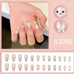 French almond press-on nails with cute cat design and white 3D bows, 24-piece cat-eye set