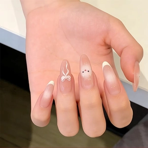 French Almond Press On Nails Cat Kitty Pattern Bow Ribbon Gradient Nude Pink Artificial False Nails For Women