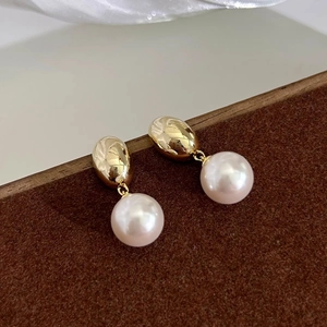 French vintage gold pearl drop earrings with elegant minimalist white pearls