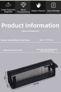 Detailed view of black mesh pencil case with size dimensions 19.5x5x6cm for stationery
