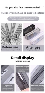 Detail of smooth metal zipper and durable nylon mesh stitching on stationery pencil case