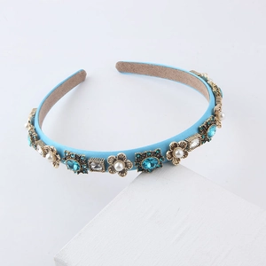Baroque style light blue satin headband with vintage crystal and pearl embellishments