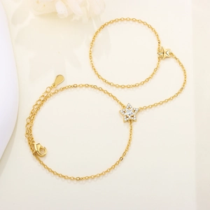 Elegant gold star bracelet ring combo with sparkling zircon stones and adjustable chain