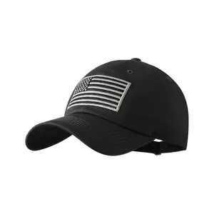 Washed black cotton baseball cap with American flag embroidery in monochrome style