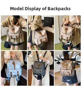 Detailed views of vintage canvas backpack in multiple colors with leather buckle accents