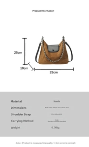 Detailed size specifications for large brown suede tote bag with dimensions and strap info