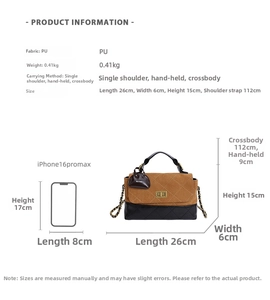 Detailed size specifications for the brown suede handbag with dimension markings and iPhone reference