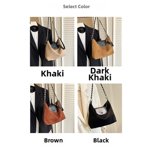 Collage of four suede tote bags in khaki, brown and black with chain shoulder straps