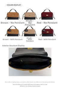 Detail view of quilted leather bags in brown, khaki, and red with metal chain straps