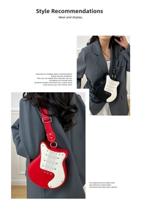 Detail of creative guitar-shaped shoulder bag featuring silver rivets and wide strap