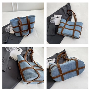 Detail view of denim tote bag with brown leather lattice and gold studs from four angles