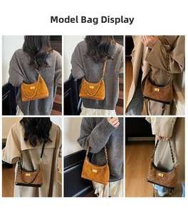 Detailed views of a quilted suede crossbody bag with metal lock and chain strap on model