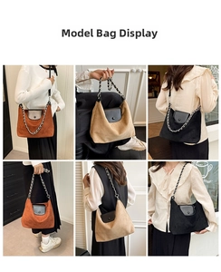 Detailed views of the large-capacity tote bag in brown, beige, and black with chain strap