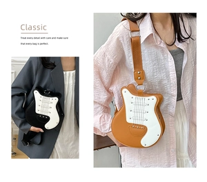 Detailed comparison of guitar-shaped crossbody bags in black and brown with metal rivets